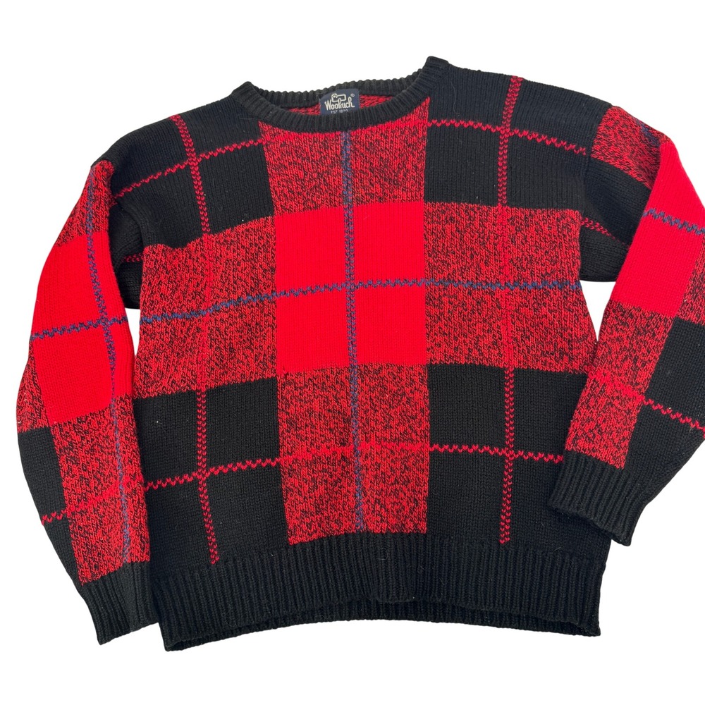 Woolrich Plaid Sweater Mens Large Red Black Buffalo Check Wool Blend Vintage 90s